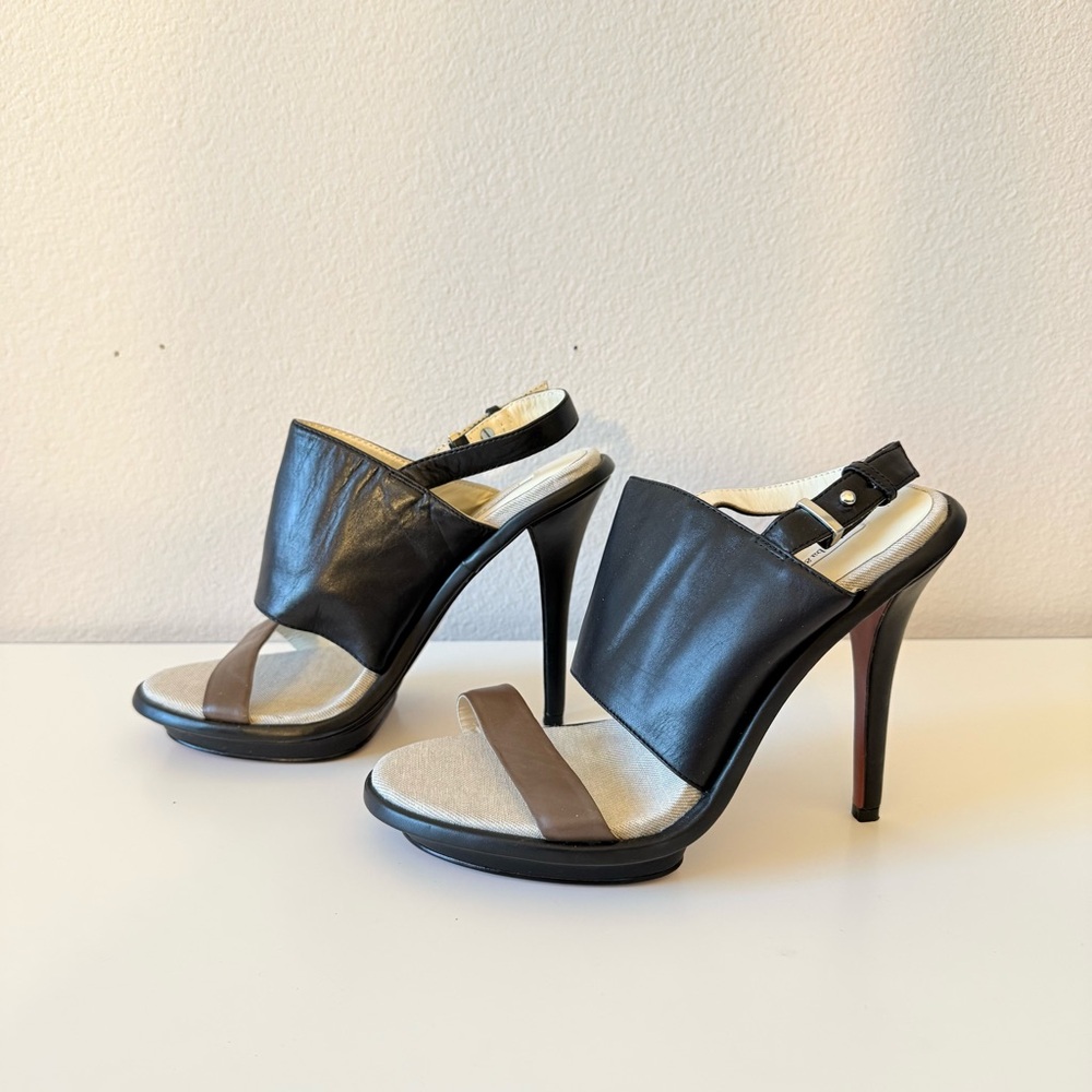 NEW BIMBA & LOLA Black & Brown Leather Platform Sandals Heels SZ 38